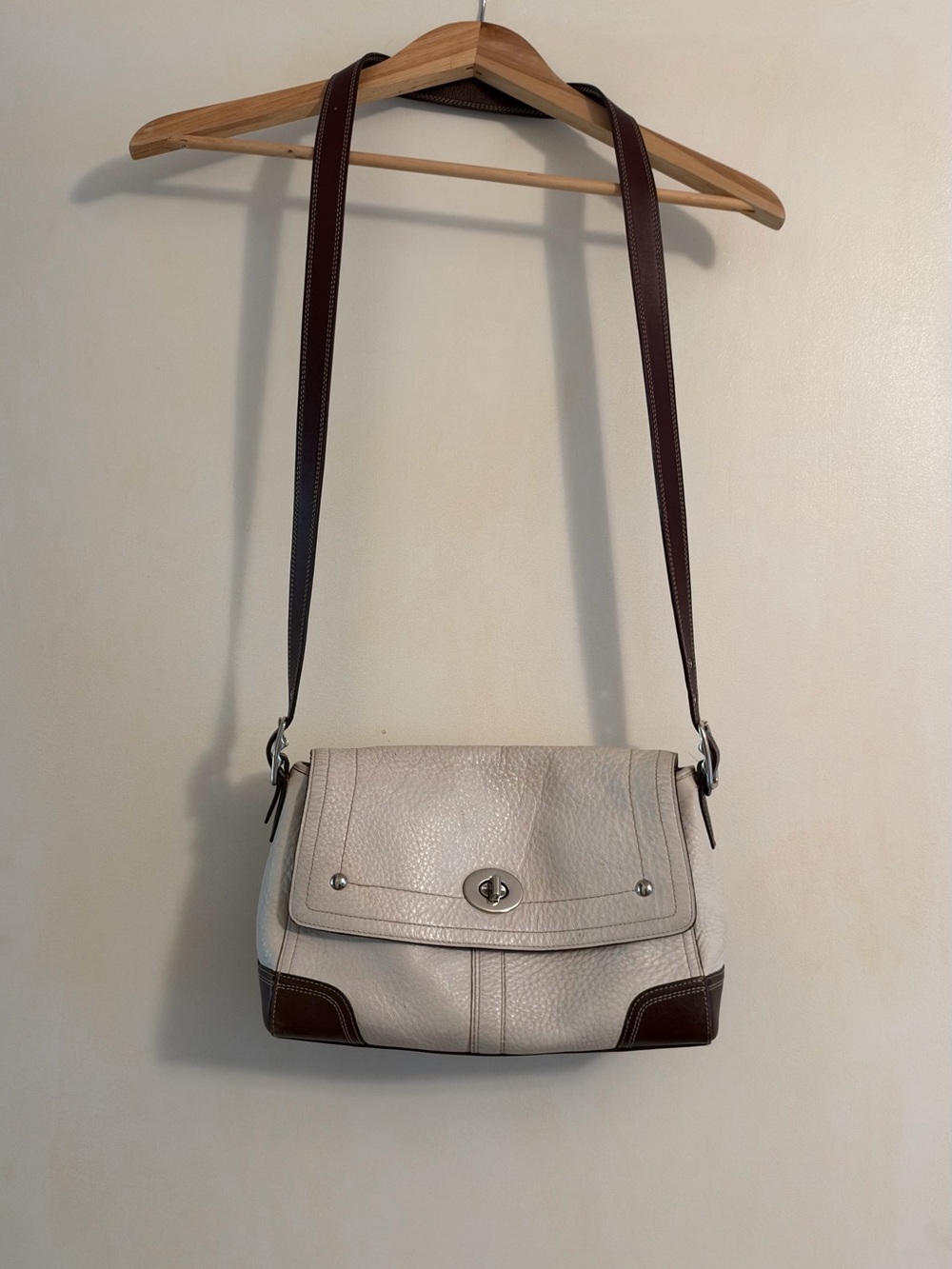 Coach Chalk and Brown Pebble Leather Crossbody Bag
